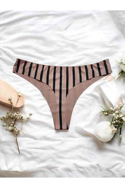 Vanilya Secret Γυναικεία στρινγκ εσώρουχα σε σκόνη-μαύρα ριγέ κομμένα με λέιζερ χωρίς ίχνη