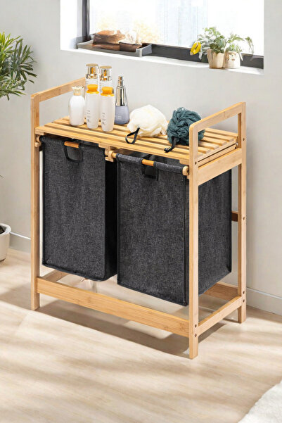 Mudesa Bambu Banyo Rafı İkili Kirli Çamaşır Sepeti Raflı Banyo Düzenleyici Raf Doğal Ahşap Organizer