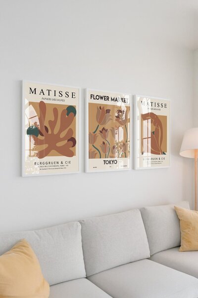 Buka Shops Çerçeveli Matisse'in Kağıt Kesimleri ve "Flower Market" Esintisi: 3'lü Premium Tablo Seti