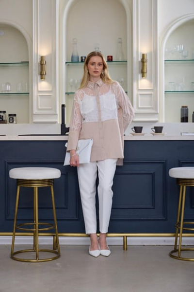 Moodbasic Marwa by moodbasic ÇİZGİLİ FRANSIZ DANTEL DETAYLI GÖMLEK