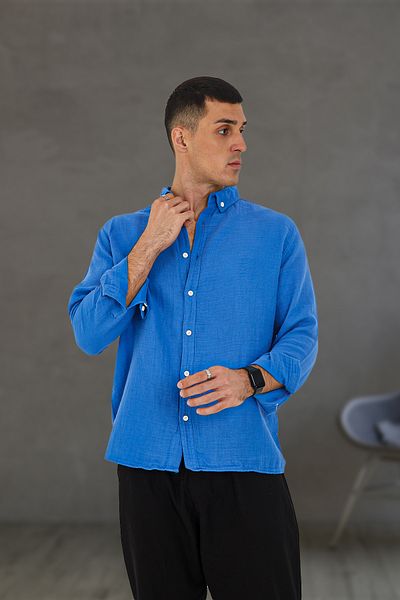 JR Boutique Cămașă de vară din bumbac muselină albastră pentru bărbați