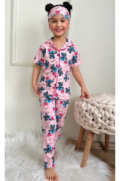 LİLLYPİCCA Stittch Printed Shirt Collar Short Sleeve Buttoned Pajama Set + Eye Patch Gift