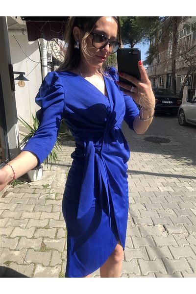 Gözde Tasarım Butik Women's Blue Color Double Breast Cut Lace-Up Detail Midi Length Lycra Dress