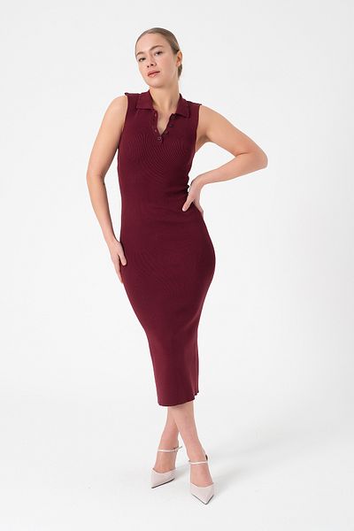 Merry Rise Rochie de tricotaj de vară bordeaux cu decolteu polo