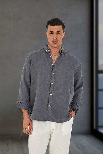 JR Boutique Ανδρικό καλοκαιρινό πουκάμισο μουσελίνας 100% βαμβακερό χωρίς τσέπη κανονικό - γκρι