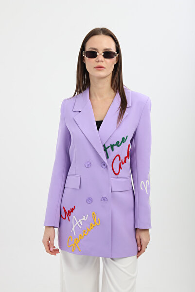 Milamia Arka Bel Kısmı Düğmeli Nakışlı Kruvaze Lila Ceket