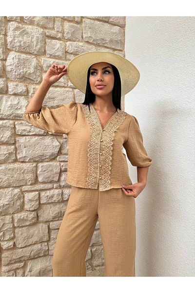 sportiness Embroidered Button Front Lace V-Neck Shirt and Pants Suit