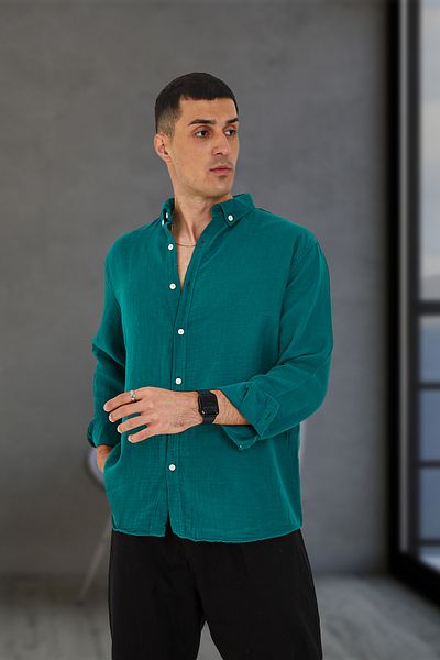 JR Boutique Ανδρικό καλοκαιρινό πουκάμισο μουσελίνας 100% βαμβακερό χωρίς τσέπη κανονικό - σμαραγδί πράσινο