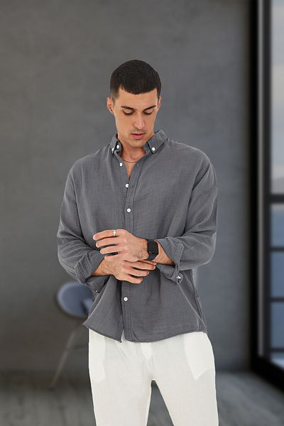 JR Boutique Ανδρικό καλοκαιρινό πουκάμισο μουσελίνας 100% βαμβακερό χωρίς τσέπη κανονικό - γκρι
