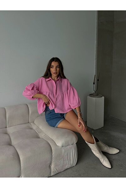 Lusin Women's Pink Short Balloon Muslin Fabric Premium Shirt