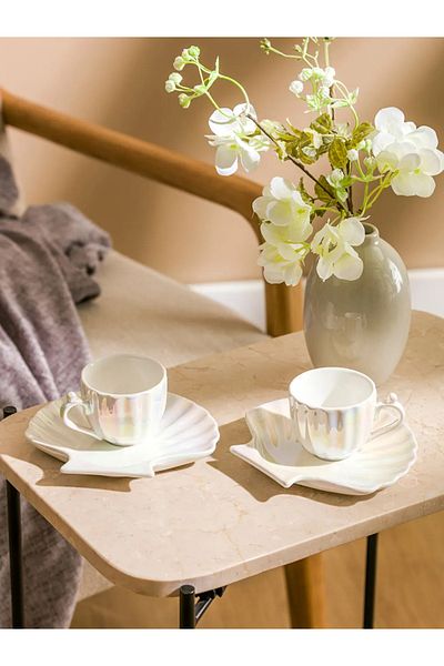 LC Waikiki Lcw White Seashell Figured 2-Person Porcelain Coffee Cup Set 90 ml