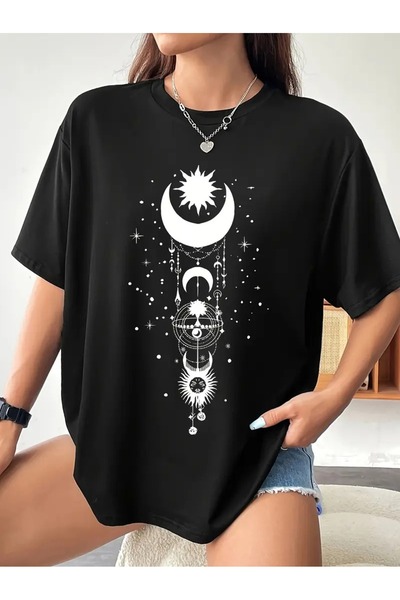 LAND MODA Tricou cu imprimeu grafic Sun & Moon pentru femei, top cu mânecă sc...