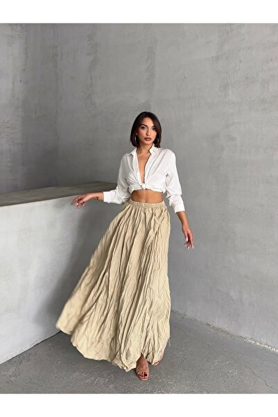 Lusin Kadın Krem Yüksek Bel Kırışık Model Midi Boy Etek