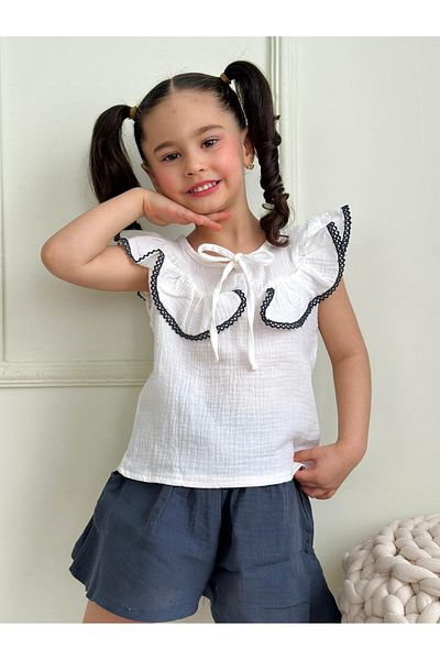 LİLLYPİCCA Girl's Muslin Fabric Ruffle Collar Detailed Pocket Shorts Combination Set