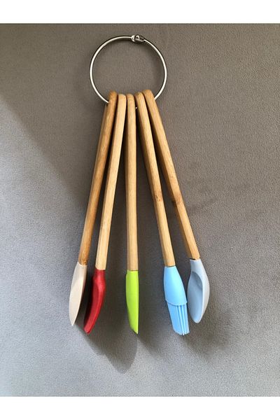 Ranüş Home 5 Piece Mini Silicone Spatula Spoon Brush Set - Bamboo Handle - Colorful Set
