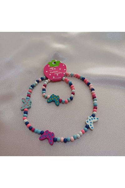Canım kendim Butterfly Colorful Children's Necklace and Bracelet (Beads)