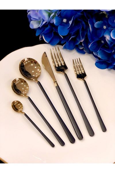 Onedekor 36 Piece Black Gold Noble Cutlery, Spoon and Knife Set