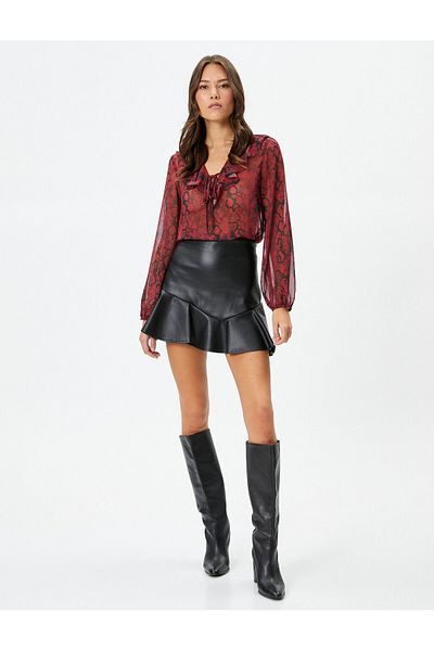 Koton Chiffon Transparent Shirt Balloon Sleeves V-Neck Ruffles