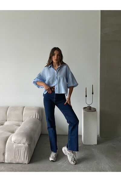 Lusin Cămașă premium din țesătură de muselină, albastră, scurtă