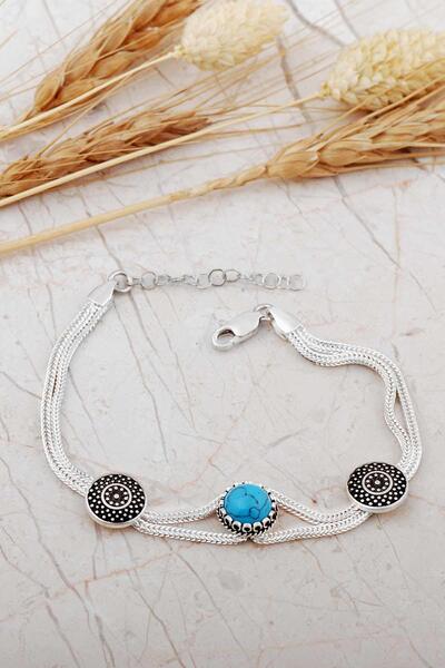 Sümer Telkari Midyat Hasırı Firuze Taşlı Anadolu Motifli Gümüş Bileklik 4793