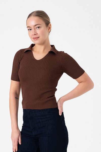 Merry Rise Γυναικεία Πλεκτά Μπλούζα Polo Neck - Καφέ