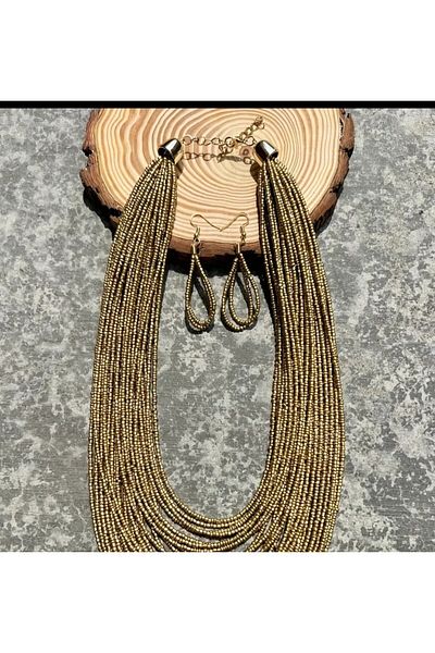 Enanice Multilayer Golden Beads Necklace Earring Set