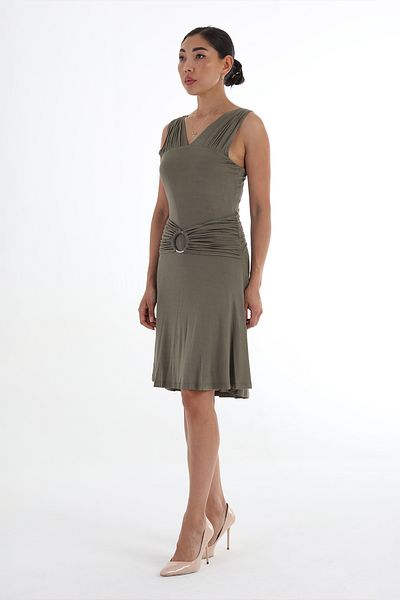 Balizza Blz-Thick Strap Round Stone Accessory Waist Shirred Strech Dress
