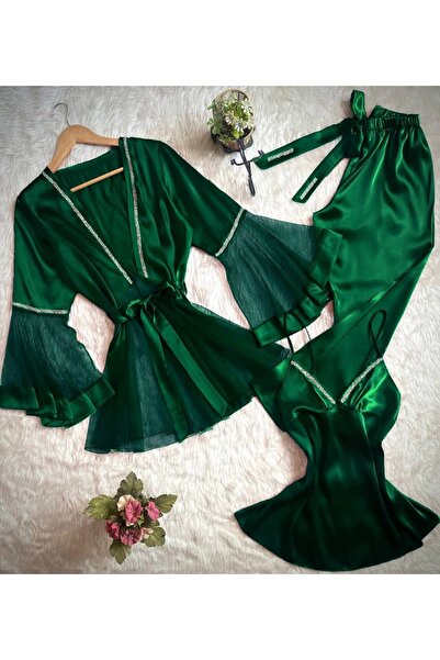 SATTENS Шовковистий сатиновий жіночий піжамний комплект, 3-х предметний компл...