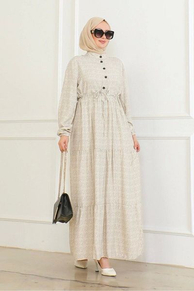 Neva Style Button Detailed Patterned Viscose Dress - Cream