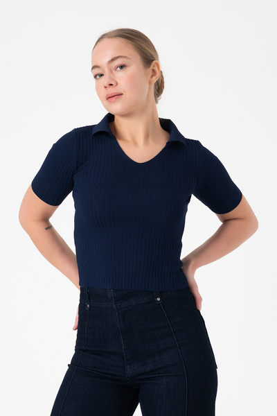 Merry Rise Жіноча трикотажна блуза з поло-коміром - темно-синя