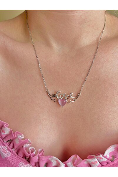 sirius jewelry 316L Çelik Love Yazılı Pembe Kalp Kolye