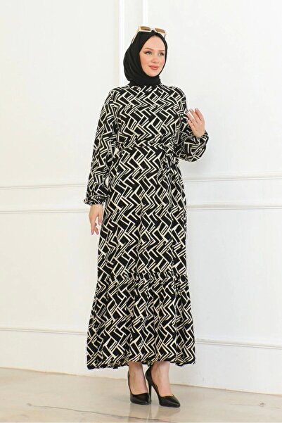 Neva Style Black/Cream Line Patterned Dress