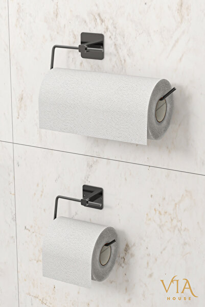 VİE HOUSE Siyah Yapışkanlı 2’Li Set Kağıt havluluk Tuvalet kağıtlık Rulo Havl...