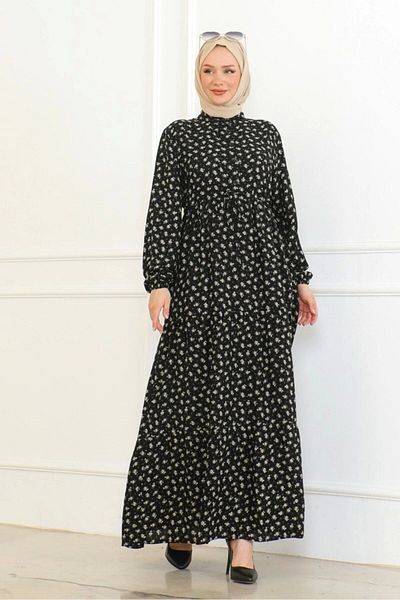 Neva Style Khaki Color Rose Patterned Viscose Dress