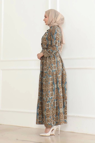 Neva Style Authentic Pattern Viscose Dress - Tan