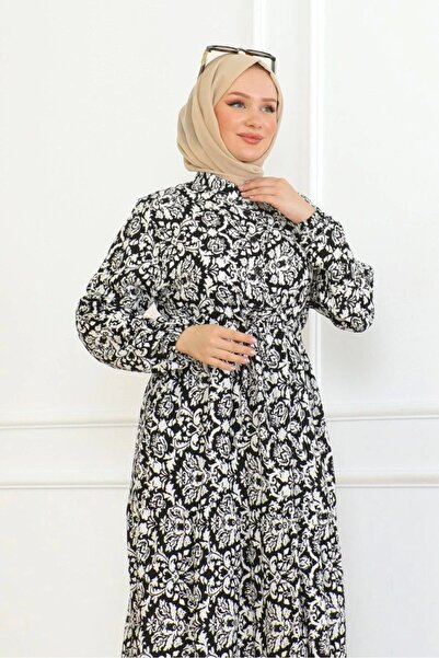 Neva Style Μαύρο/Λευκό φόρεμα με δέσιμο βισκόζης