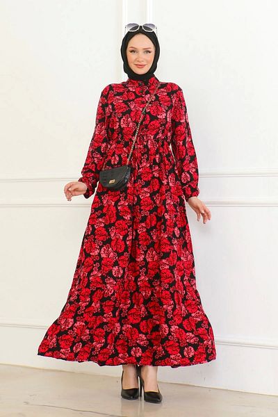 Neva Style Red Viscose Dress - Floral Pattern and Tie-Up