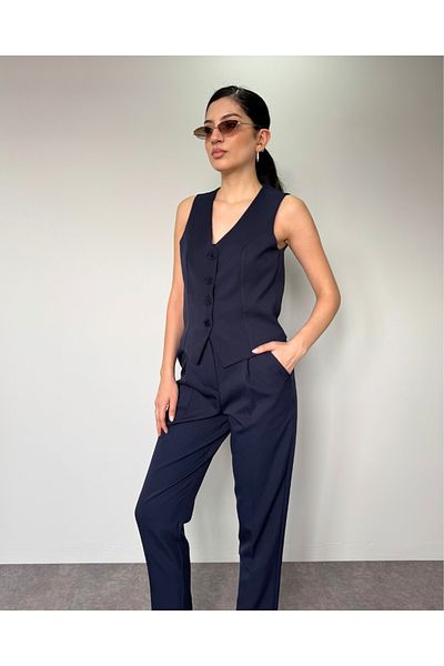 DEQ FASHION Navy Blue Belted Carrot Trousers Vest Double Crepe 2 Piece Set