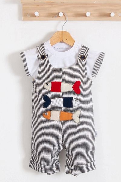 Eng Fish Embroidered Short Sleeve Baby Boy Jumpsuit