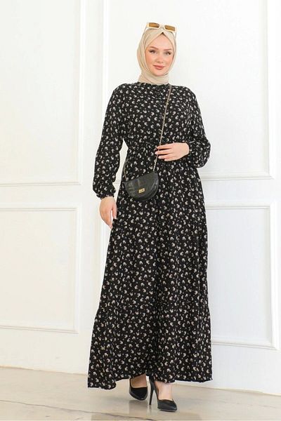 Neva Style Brown Rose Patterned Viscose Dress