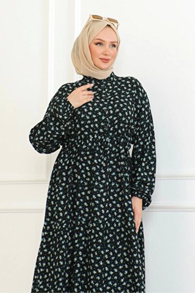 Neva Style Gül Desenli Viskon Elbise - Turkuaz