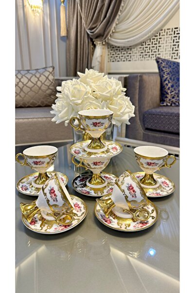 Vakıf home Acar Galina 6 Kişilik Güllü Ayaklı Porselen Kahve Fincan Takımı