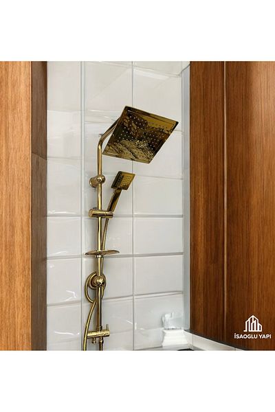 İSAOĞLU YAPI Gold Shower System Square Shower Head Brass Material Gold Sprinkler