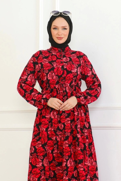 Neva Style Çiçek Desenli Bağlamalı Viskon Elbise - Kırmızı