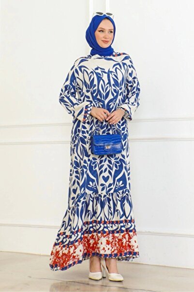 Neva Style Φόρεμα μπλε βισκόζης με πολύχρωμο σχέδιο