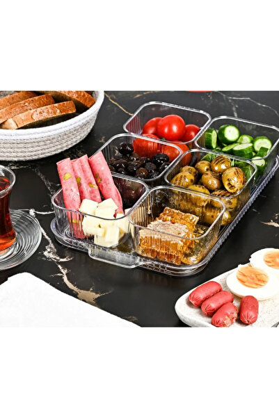 abnturk Şeffaf Sunum Tepsili Akrilik 6 Bölmeli 8 Parça Fanus Kapaklı Kahvaltılık Ve Çerezlik Seti