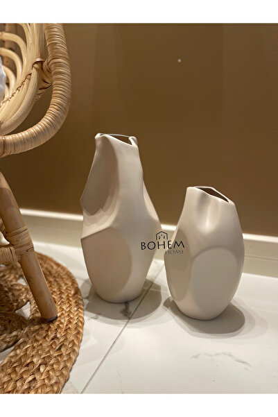 Home Seramik Bej 2 li Kırışık Vazo Seti stoneware (Muadil marka)