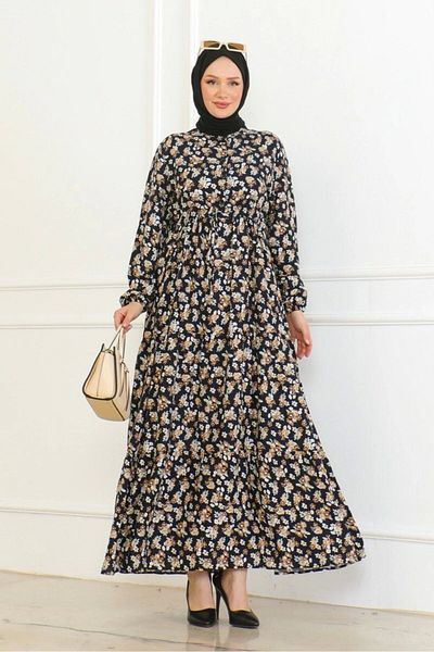 Neva Style Floral Patterned Laced Viscose Fabric Dress - Navy Blue
