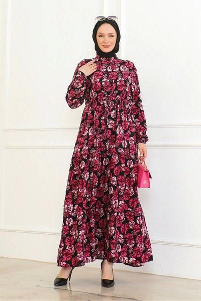 Neva Style Dried Rose Viscose Dress - Floral Pattern and Tie-Up