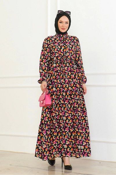 Neva Style Floral Pattern Tied Viscose Fabric Dress - Orange/Pink Flowers